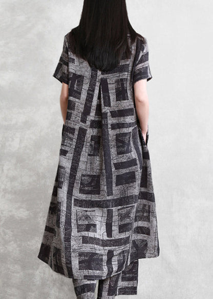 Loose Black O-neck Print Linen Top and Wide Leg Pants Two Piece Set Summer