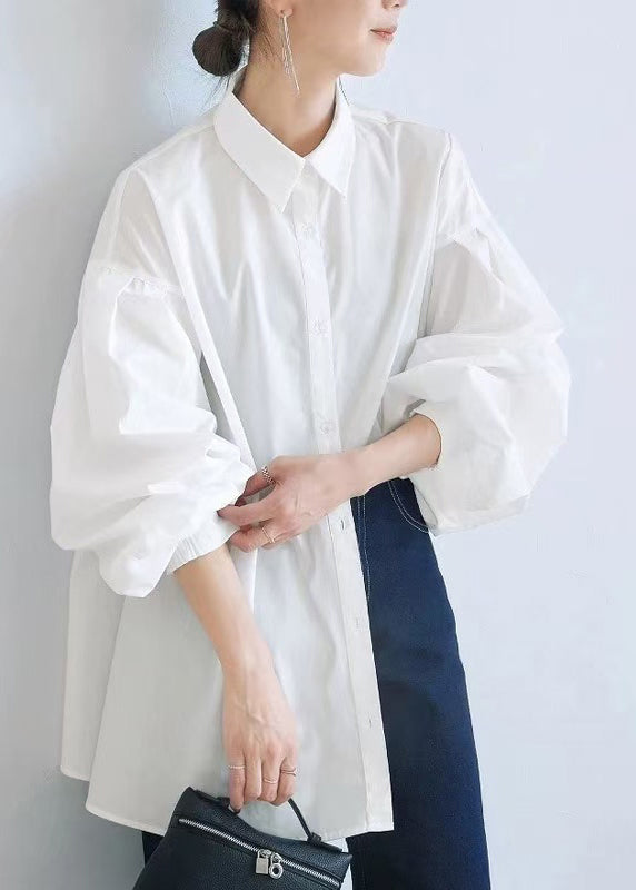 White Oversized Side Open Cotton Blouse Top Lantern Sleeve