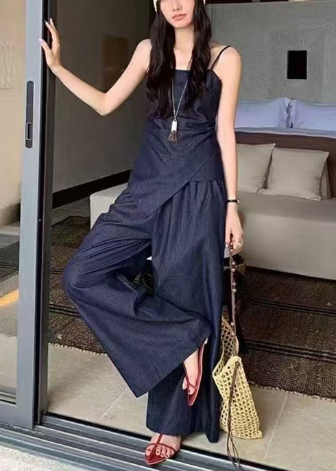 Navy Asymmetrical Silm Fit Denim 2 Piece Outfit Summer