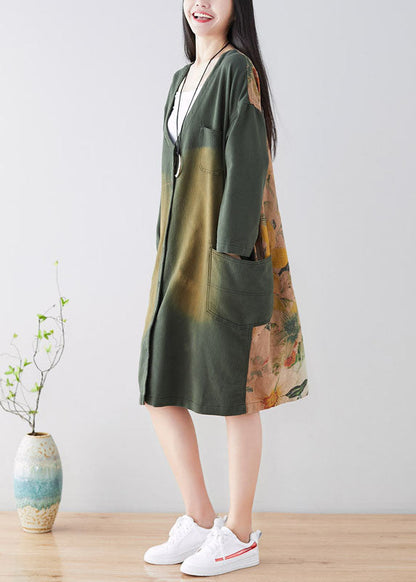 Stylish Green Button Print Coat Spring