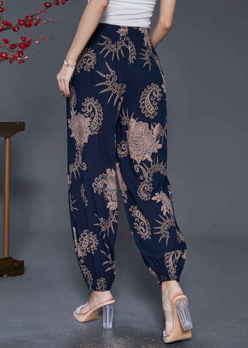 Navy Oversized Print Cotton Lantern Pants Fall