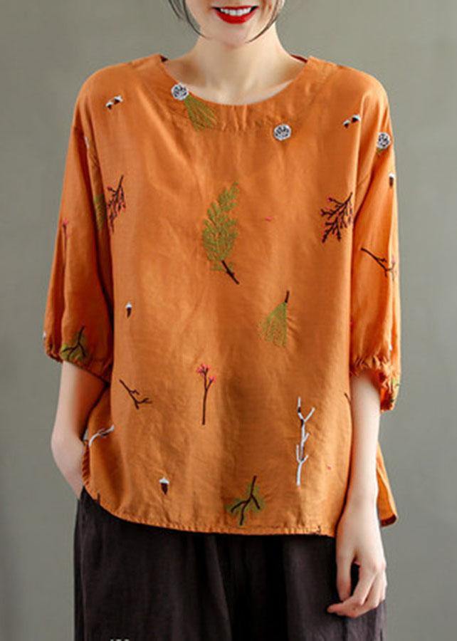 Pink O-neck Embroideried Summer Linen Blouses