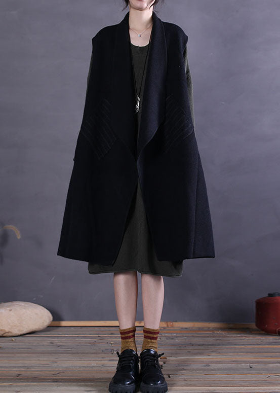 Black Peter Pan Collar Patchwork Woolen Tanks Sleeveless