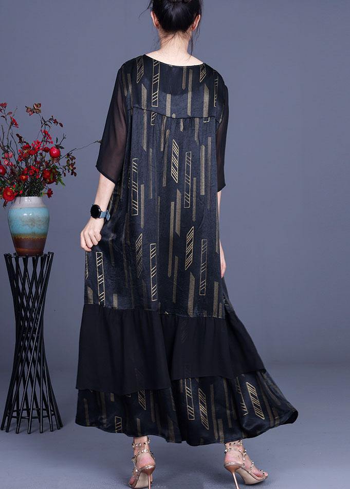Green Print Retro Ruffles Summer Silk Holiday Dress