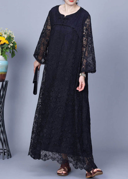 Black Hollow Out Patchwork Lace Long Dresses O-neck Long Sleeve