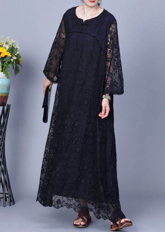 Black Hollow Out Patchwork Lace Long Dresses O-neck Long Sleeve