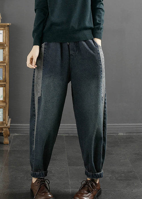 Blue Pockets Lace Up Elastic Waist Jeans Fall