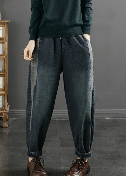 Blue Pockets Lace Up Elastic Waist Jeans Fall