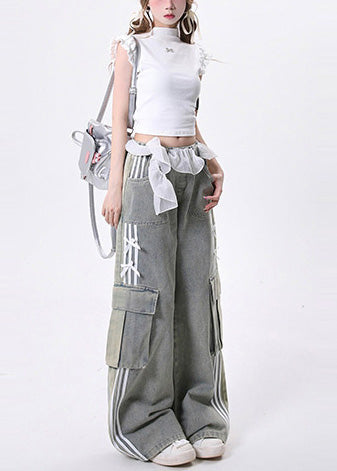 Modern Light Blue Elastic Waist Pockets Denim Pants Fall