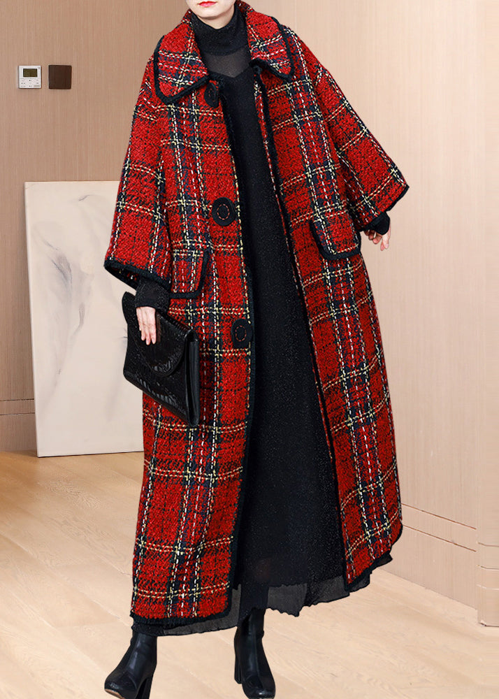 Red Peter Pan Collar Pockets Plaid Woolen Coats Winter