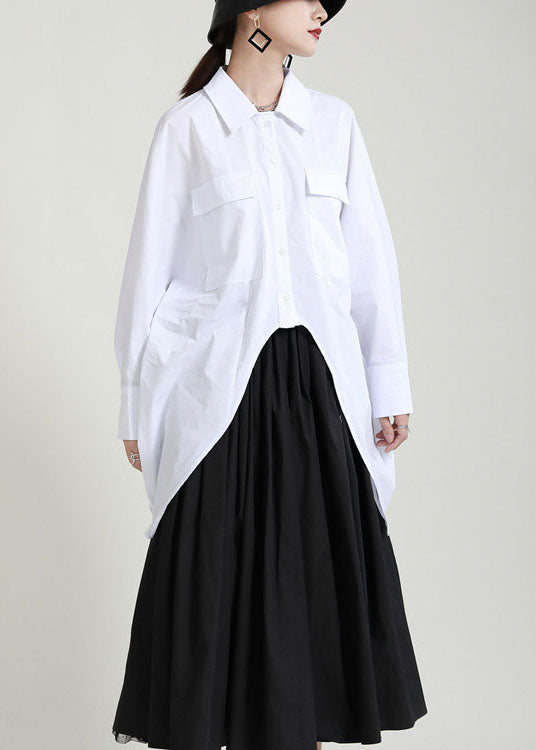 Loose White Button Low High Design Peter Pan Collar Blouses Spring