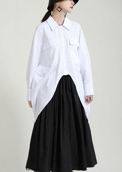 Loose White Button Low High Design Peter Pan Collar Blouses Spring