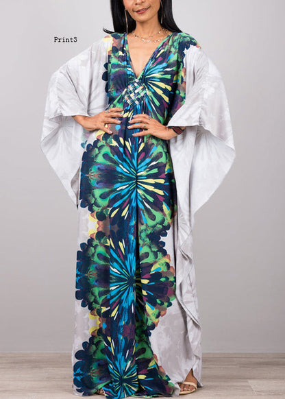 V Neck Print Cotton Long Robe Dress Summer