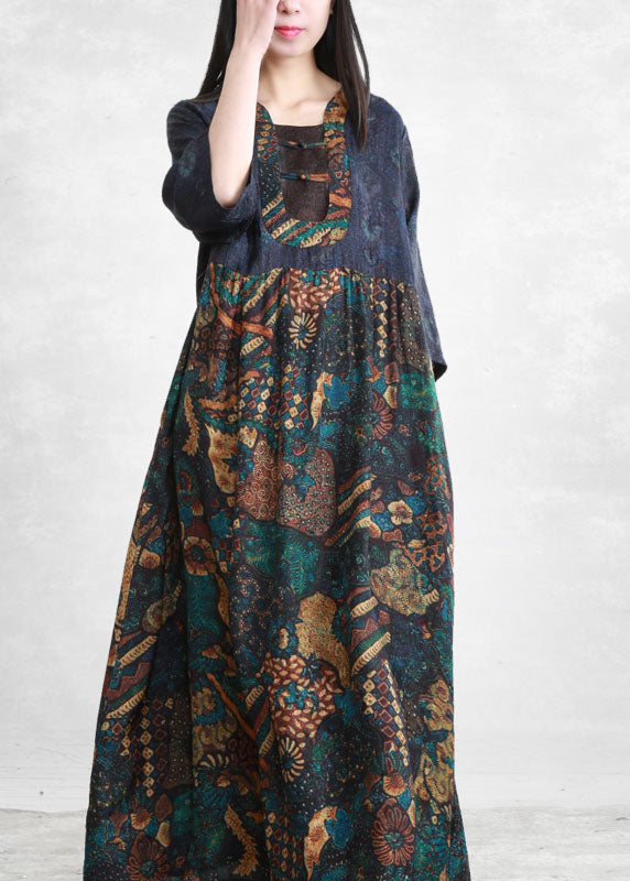 Blue Wrinkled Pockets Patchwork Long Dress Three Quarter Sleeve