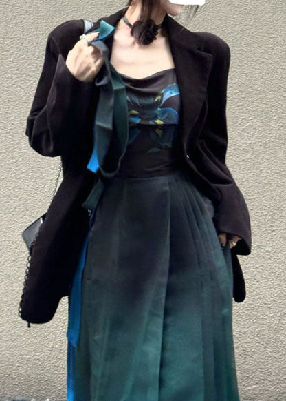 Gradient Color Print Coats Vest and Maxi Skirts Three Pieces Set Spring