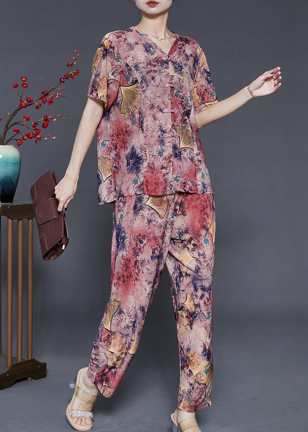 Purple Print Chiffon Oriental Sets 2 Pieces Summer