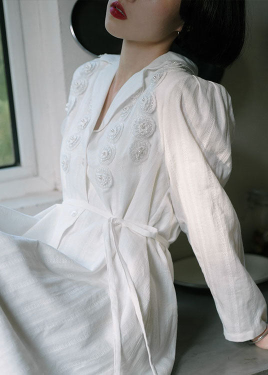 White Peter Pan Collar Tie Waist Cotton Dress Fall