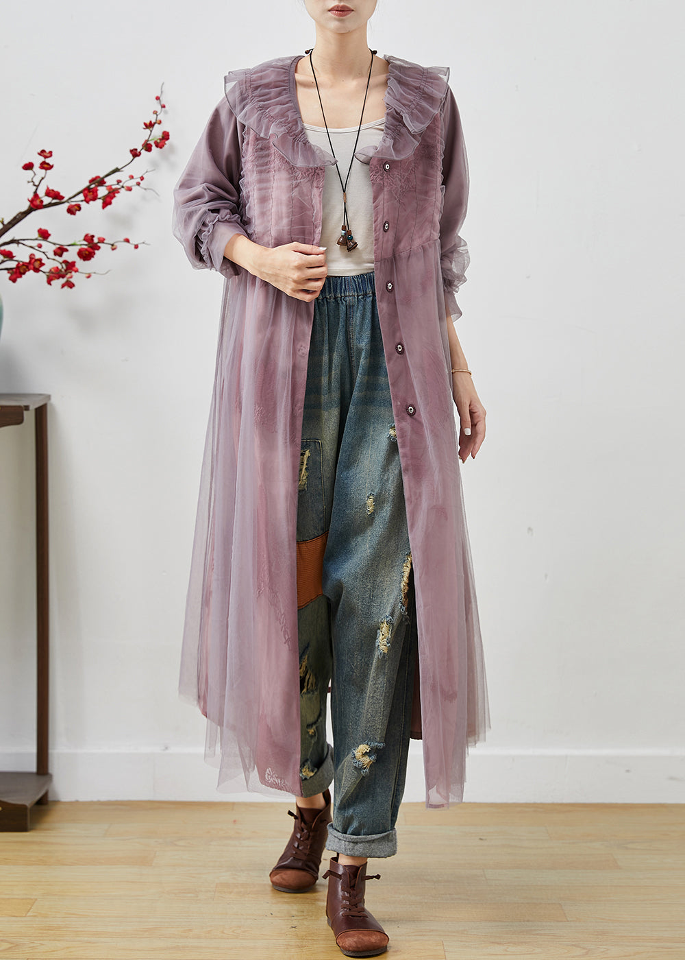 Purple Oversized Organza Maxi Dress Print Spring