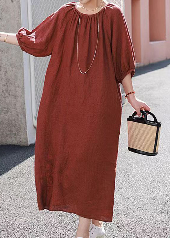 Handmade Loose Orange O-neck Linen Dress Summer