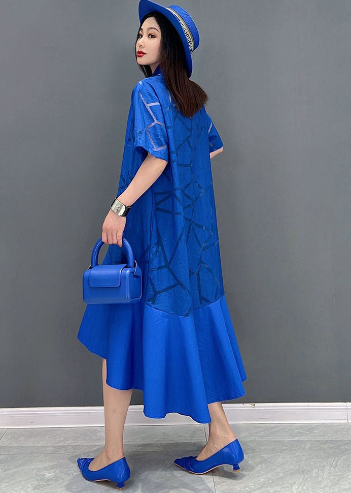 Blue Peter Pan Collar Patchwork Ruffles Low High Design Cotton Dress Short Sleeve