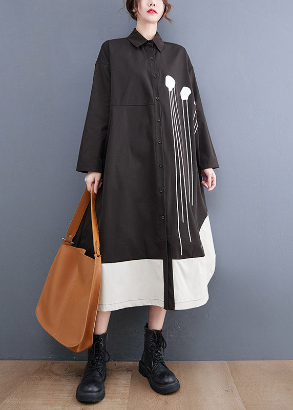 Black Peter Pan Collar Button Patchwork Long Dresses Long Sleeve