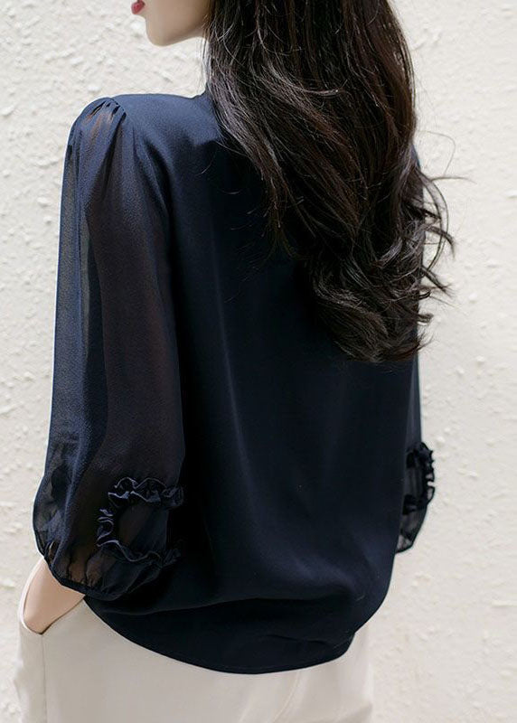 Navy Stand Collar Ruffled Patchwork Silk Top Spring