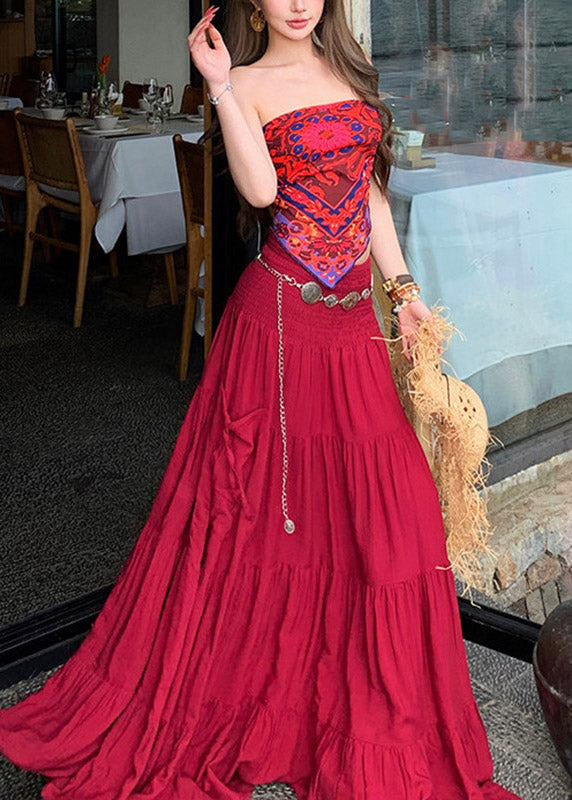 Red Print Vest and Maxi Skirts Two Pieces Set Summer
