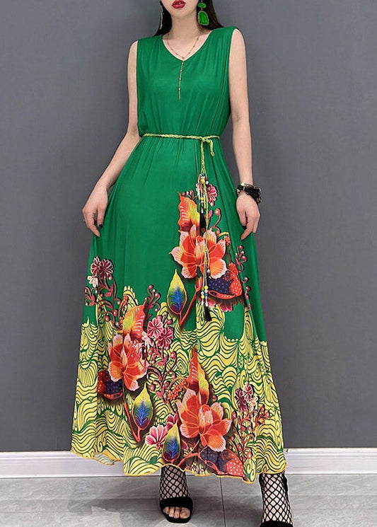 Green Print Chiffon Long Vacation Dresses Summer
