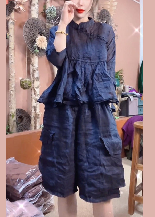 Loose Navy Pockets Linen Two Pieces Set Bracelet Sleeve