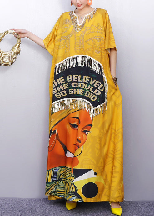 Yellow Tasseled Print Cotton Maxi Dress Summer