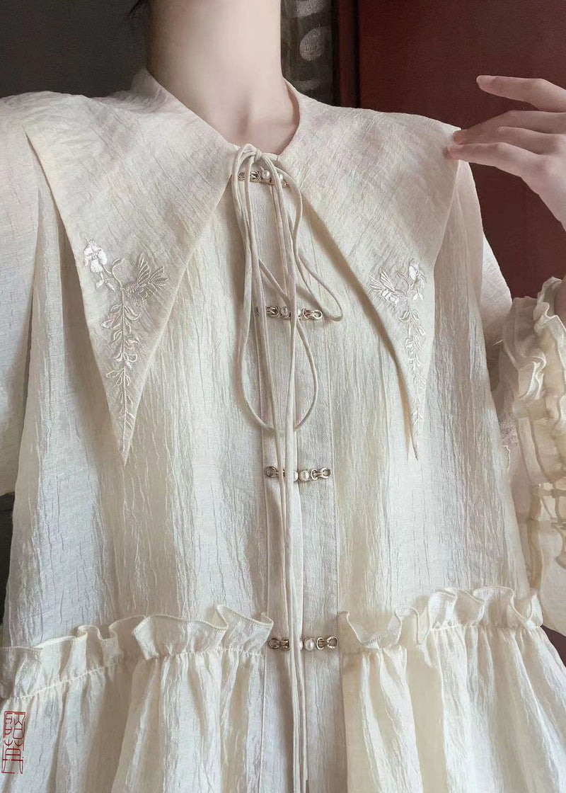 New Beige Ruffled Embroideried Lace Up Cotton Two-piece Set Spring