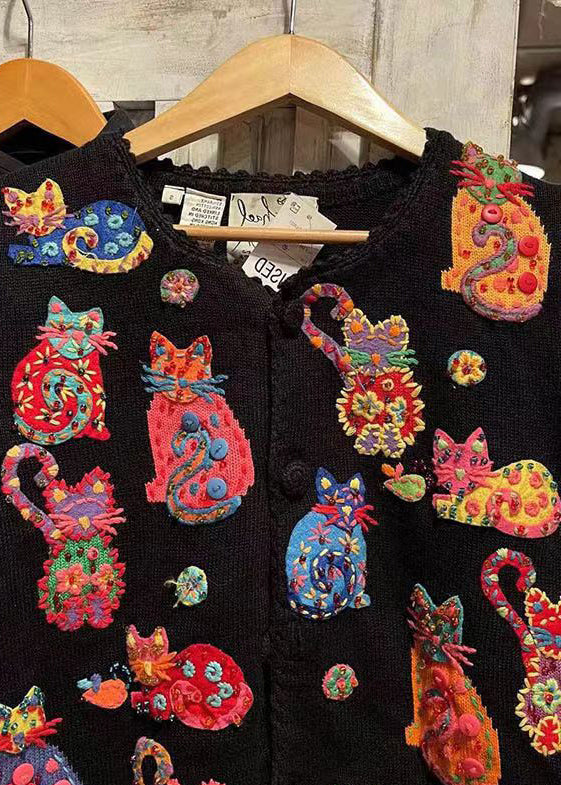 Black Cartoon Embroideried Knit Shirt Top Short Sleeve