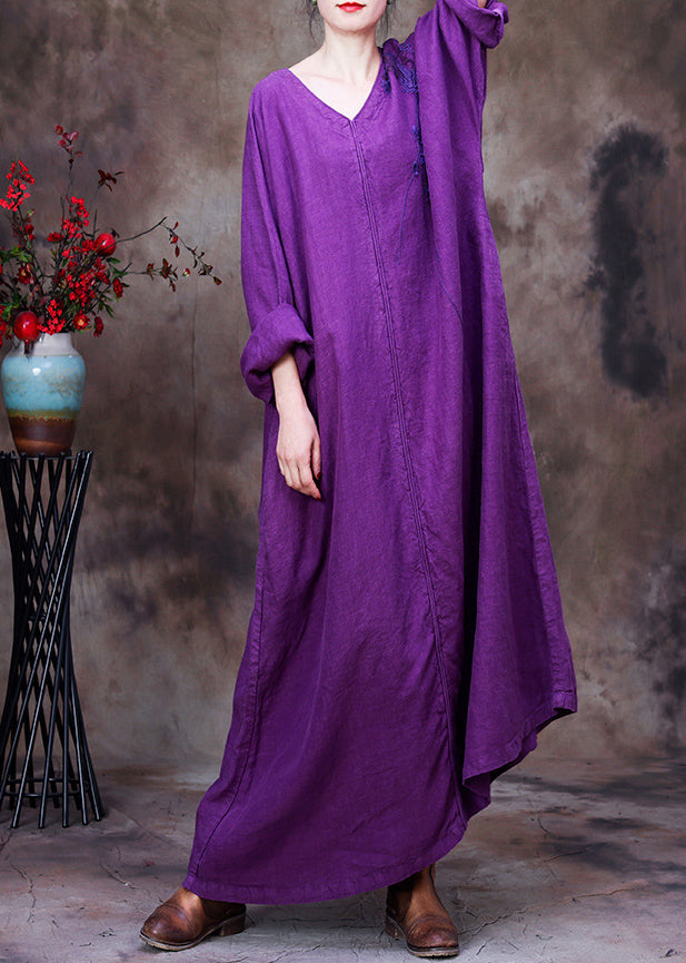 Dark Purple V Neck Printing Linen Dress Long Sleeve