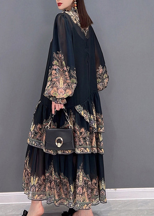 Black Stand Collar Ruffled Layered Print Chiffon Long Dress Lantern Sleeve
