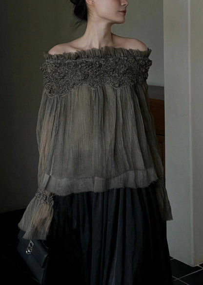 French Slash Neck Ruffled Patchwork Silk Cotton Top Spring