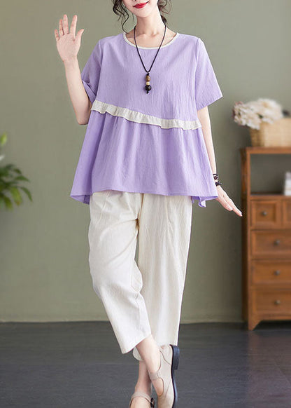 Light Purple O-neck Ruffled Patchwork Cotton Tops and Harem Pants Two Pieces Set Summer