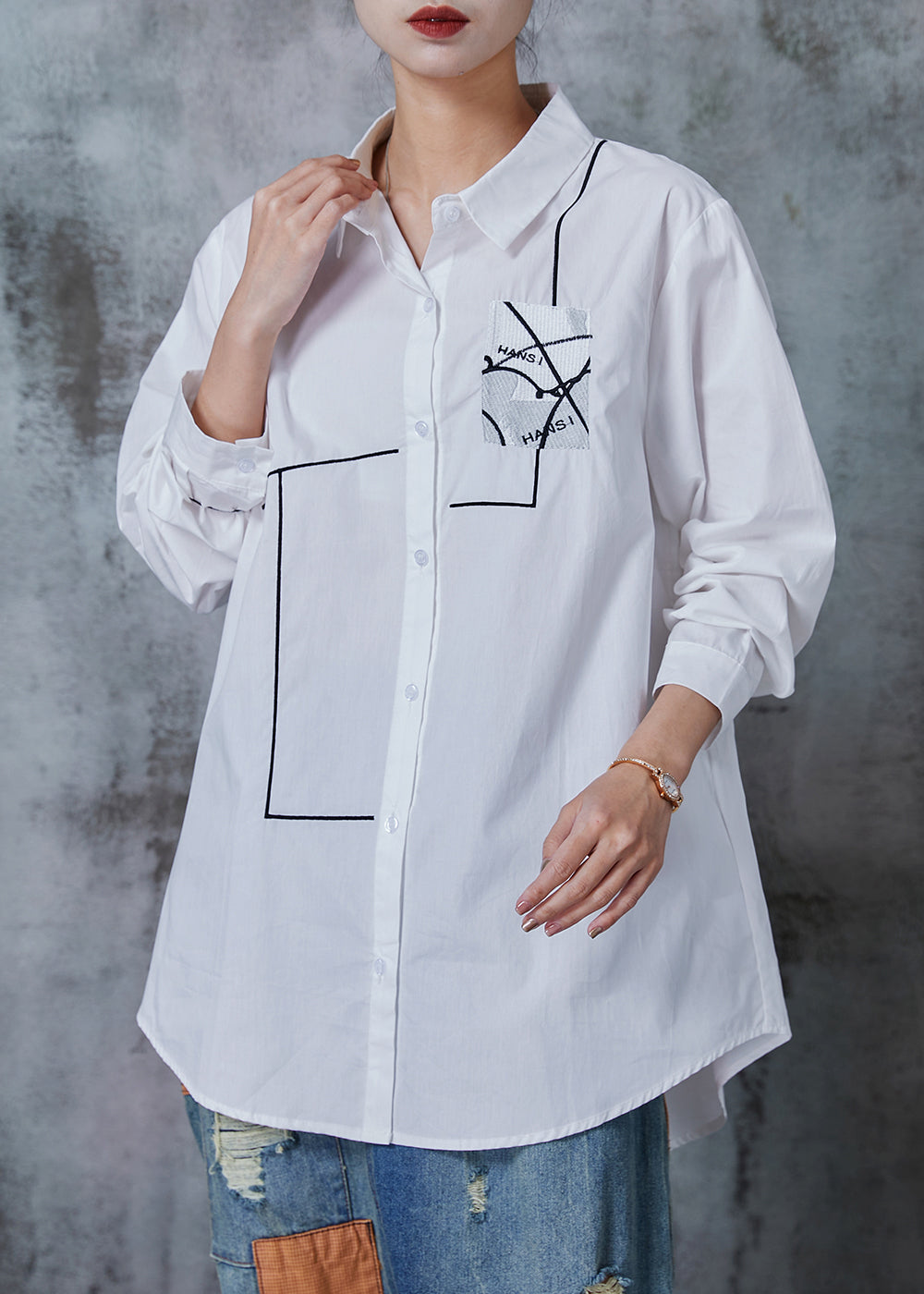 White Oversized Print Cotton Shirt Tops Summer