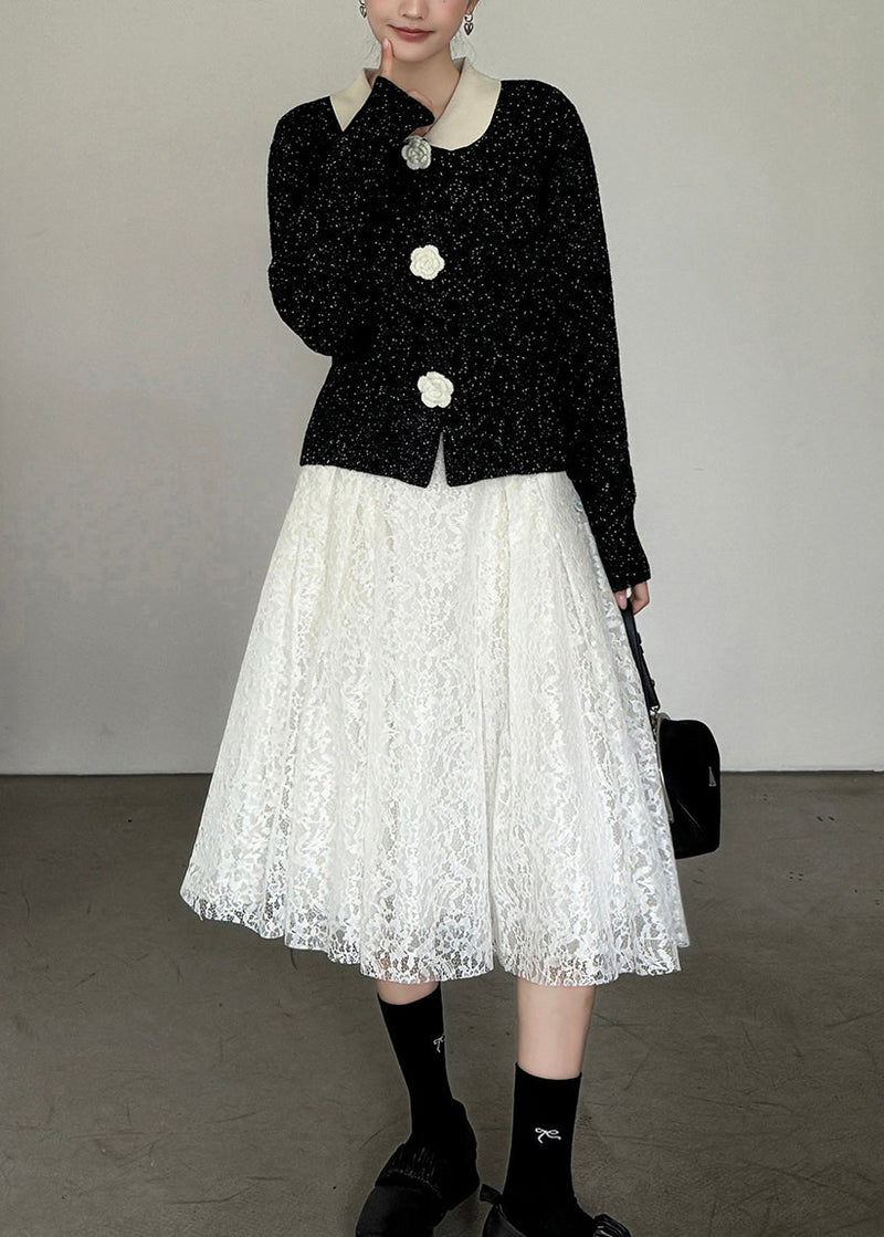 French Black Peter Pan Collar Button Knit Cardigan Fall