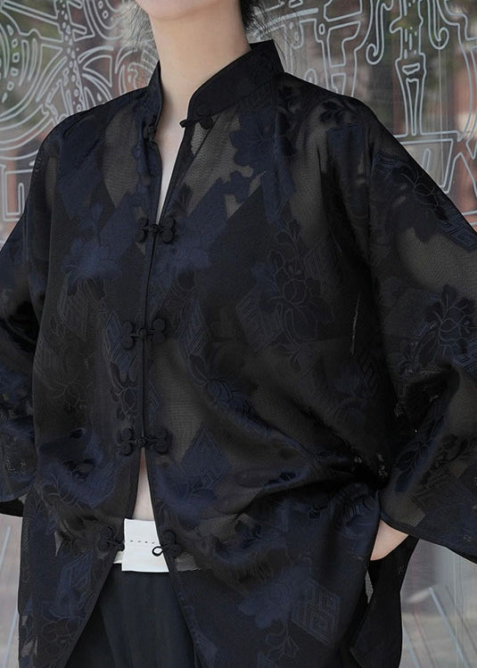 Black Chinese Button Jacquard Patchwork Silk Shirt Tops Fall