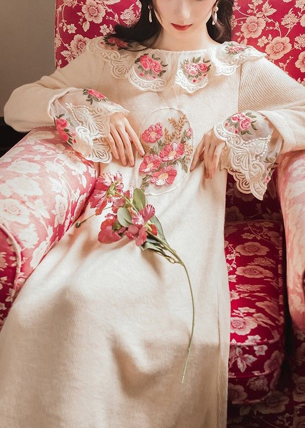 Modern Apricot Embroidered Patchwork Tulle Knit Long Sweater Spring