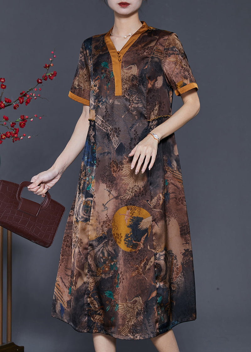 Brown Print Silm Fit Silk Long Dress Summer