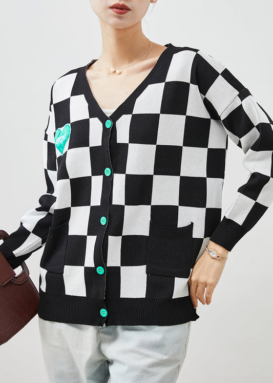 Black White Plaid Knit Cardigans Spring