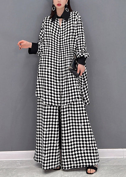 Modern Light Grey Peter Pan Collar Patchwork Chiffon Shirts and Wide Leg Pants Two Piece Suit Set Long Sleeve