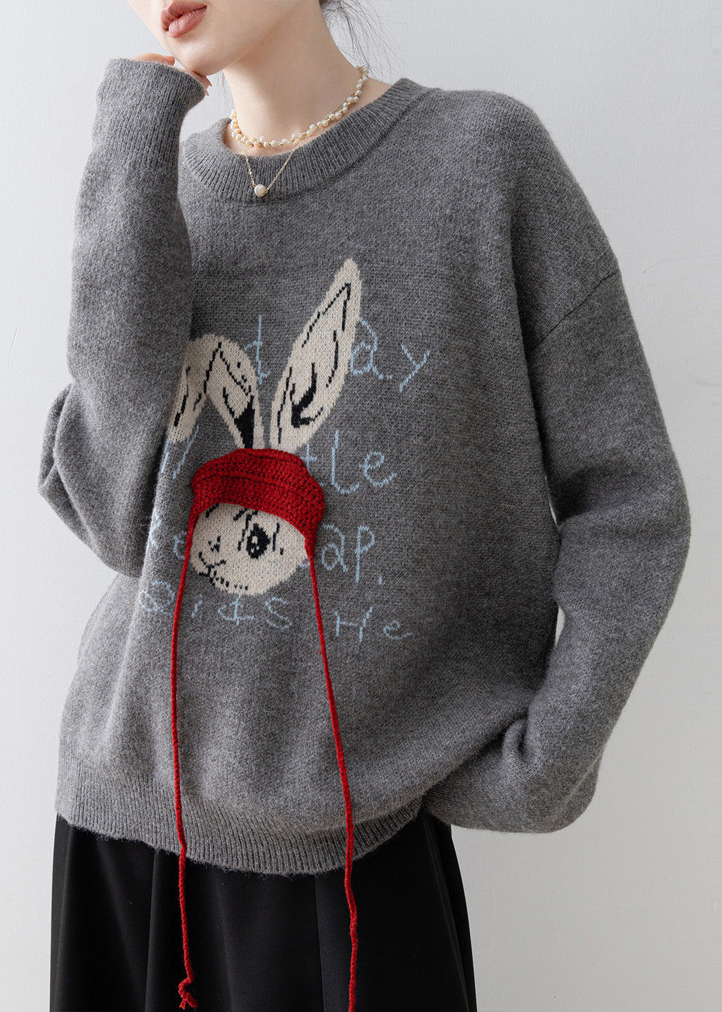 Grey Oversized Rabbit Jacquard Knit Pullover Winter