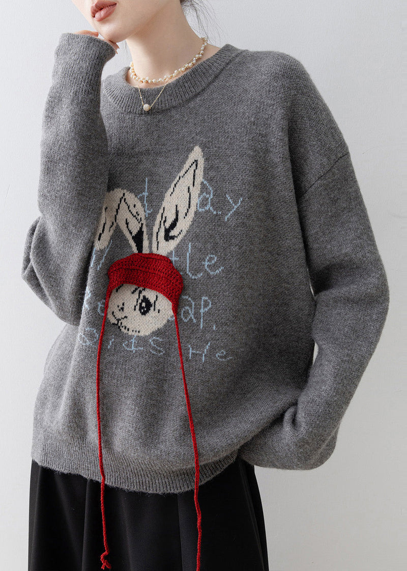 Grey Oversized Rabbit Jacquard Knit Pullover Winter