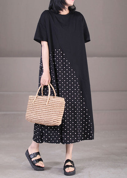Black Asymmetrical Patchwork Wrinkled Print Cotton Maxi Dress Short Sleeve