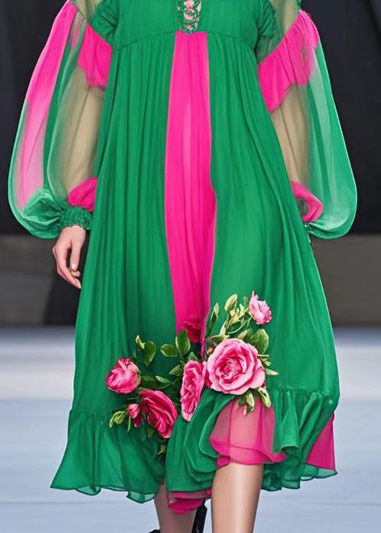 Classy Colorblock Oversized Patchwork Flower Chiffon Dress Spring
