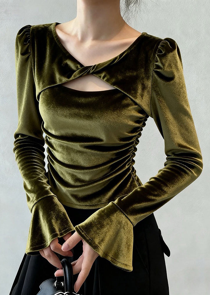 Green Wrinkled Hollow Out Silk Velour T Shirt Flare Sleeve