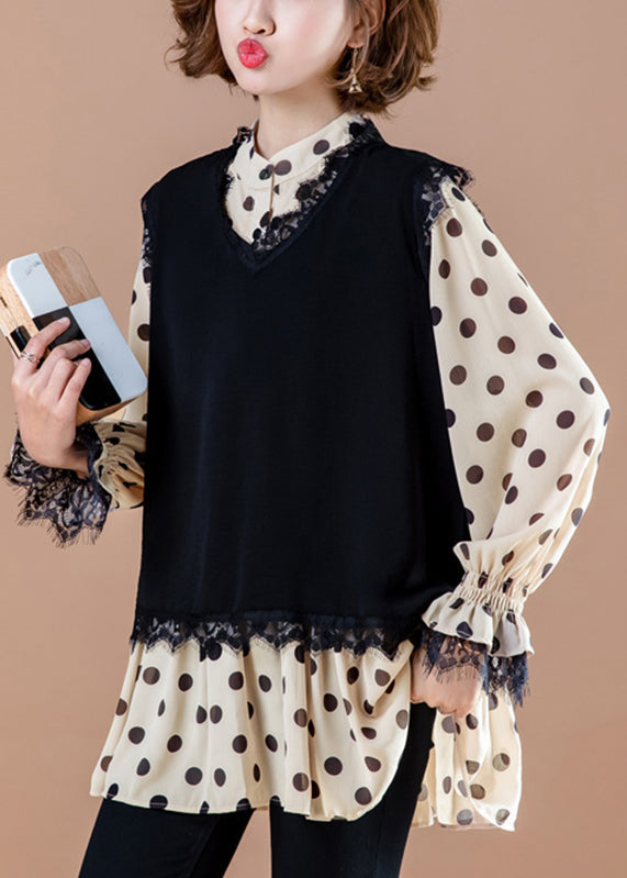 Black O-neck Waistcoat and Shirts Two Piece Set Fall