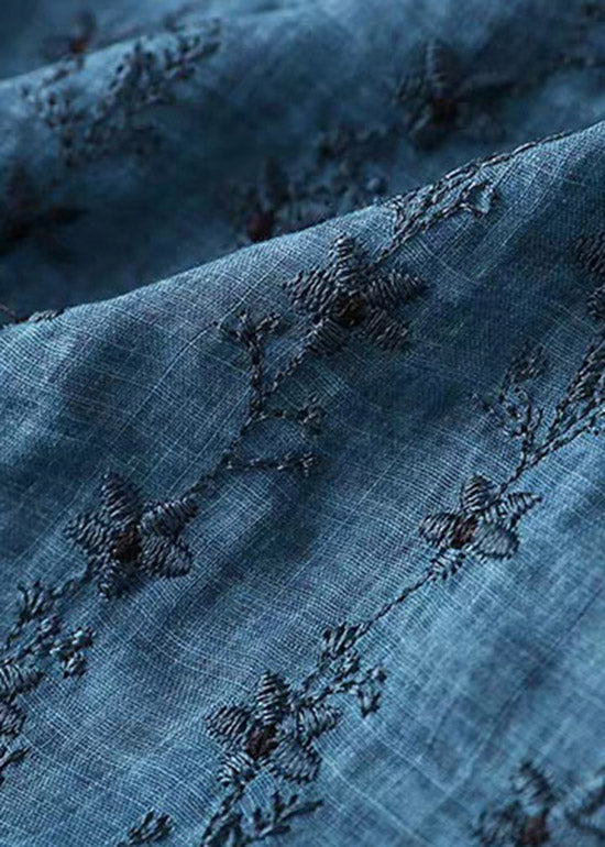 Blue O-neck Embroideried Cotton Dress Short Sleeve